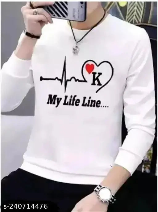 White polyester long-sleeve men's alphabet typography round neck T-shirt, R alphabet design by HKS