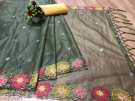 Red and gold floral embroidered silicon net saree with unstitched blouse piece, Indian designer party wear