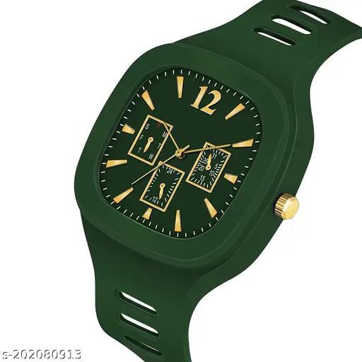 Green sports watch with black straps, two subdials, yellow hands, gold accents