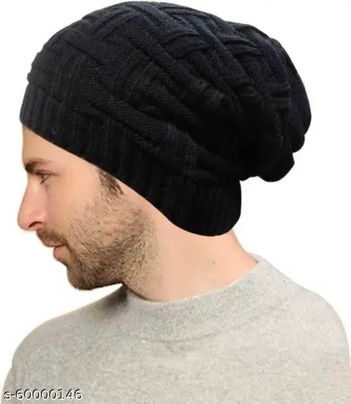 Woolen beanie cap for men, solid style in free size, made in India
