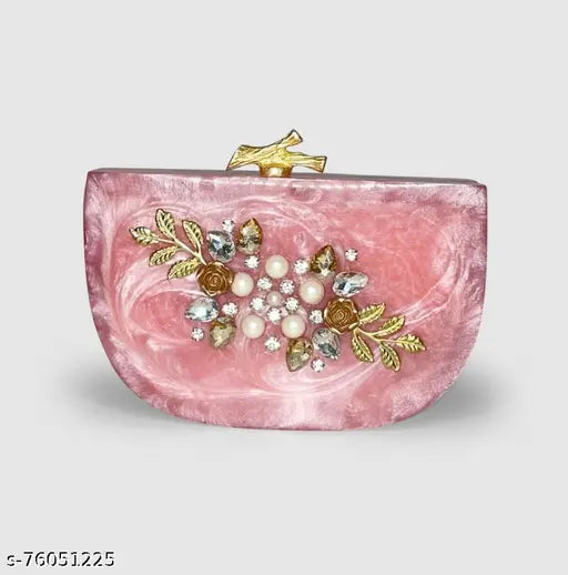 Pink resin clutch with floral applique