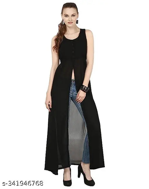 Black sleeveless Georgette kurti for women, regular fit with front slit design - GENIUS GARMENTS