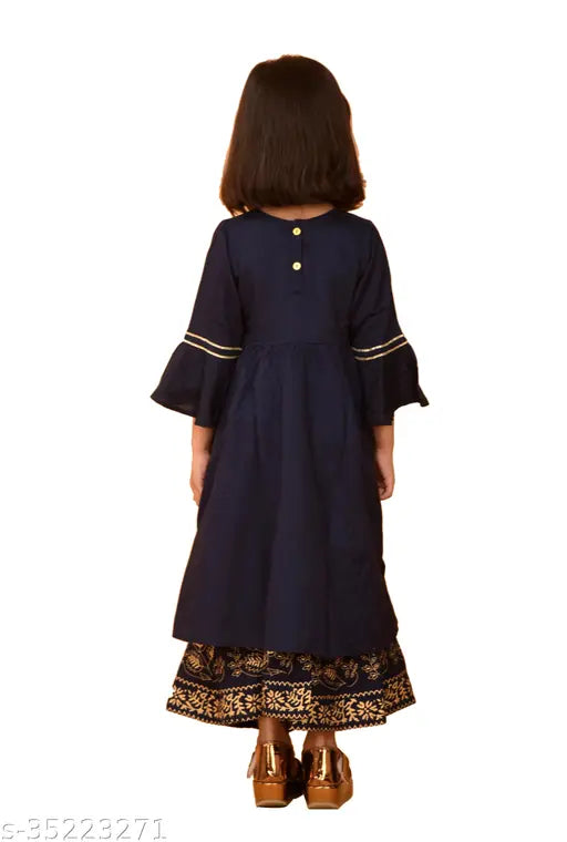 Rayon blue printed kurti palazzo set, A-line silhouette for kids, three-quarter sleeves, made in India