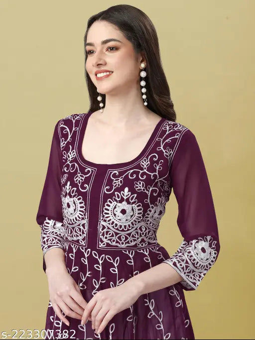 Georgette Anarkali Kurti with detailed Chikankari embroidery, long sleeves, black border