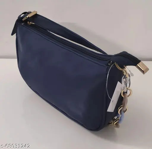 Blue satin fabric sling bag with adjustable belt