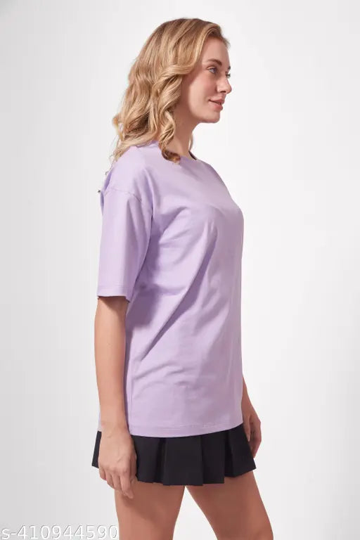 Purple oversized round-neck t-shirt, plus size, plain fabric, half sleeves