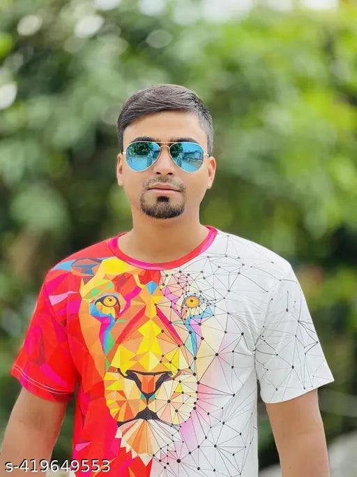3D printed poly blend lion face t-shirt, vibrant and soft, available in M, L, XL, XXL, XXXL