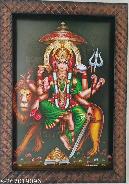 Synthetic resin, 9x12-inch Indian photo frame showcasing Goddess Durga Devi on a lion
