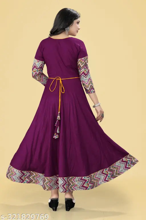 Wine rayon long solid border tussle tie Anarkali kurti, three-quarter sleeves, casual dress for office & social occasions