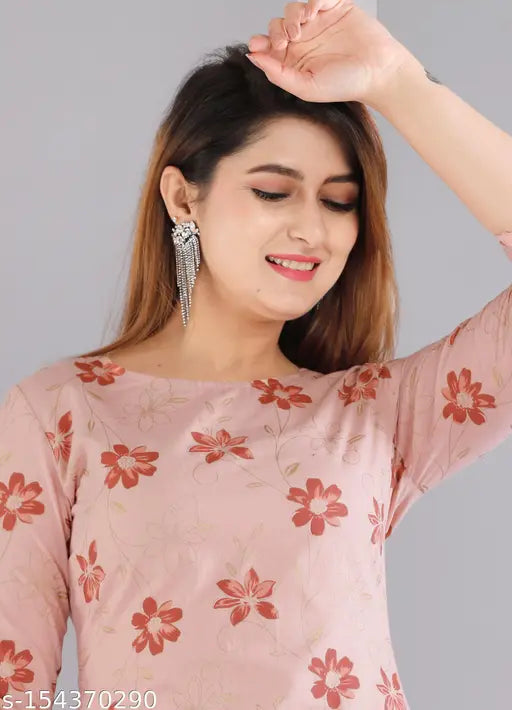 Peach stitched cotton women's salwar suit, printed net design, three-quarter sleeves