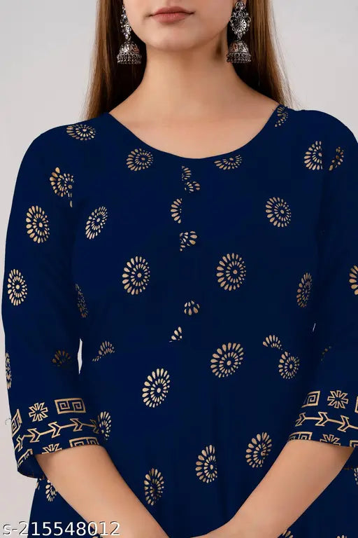 Navy blue rayon anarkali kameez with gold print, long sleeves, crew neckline