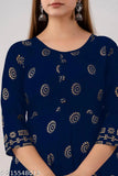 Navy blue rayon anarkali kameez with gold print, long sleeves, crew neckline