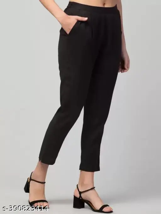 Black cotton blend regular fit women's trousers