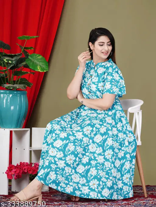 Blue rayon printed anarkali kurta for women