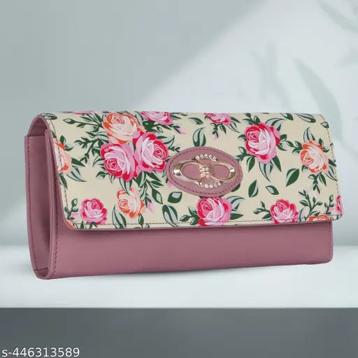 Women's small clutch purse, pink floral print, white background