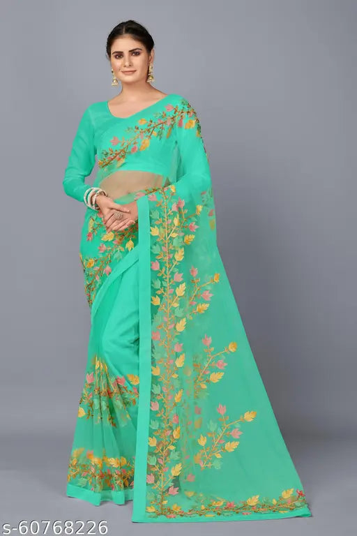 Mint green embroidered net saree with separate dupion silk blouse piece, perfect for Indian weddings and social events. Soft net sari length 5.5m, unstitched blouse length 0.8m. Made in India