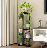 Black metal tiered plant stand with six tiers, each holding a potted green plant, suitable for indoor or outdoor use