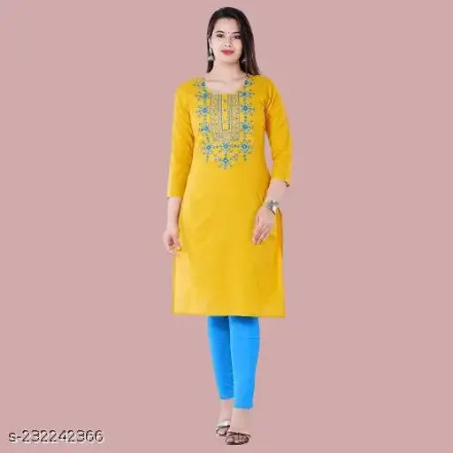 Rayon yellow solid embroidered kurta with three-quarter sleeves, India-made traditional women's clothing