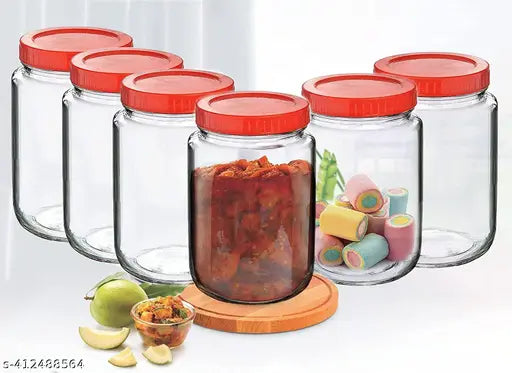 Round glass jar, 1000ml, BPA free, multipurpose, airtight storage container, red cap, pack of 6