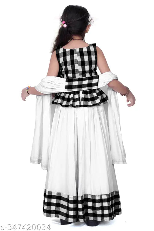 Cute, comfy kids white & coffee Rayon-blend ethnic lehenga choli, checkered pattern, sleeveless, India origin