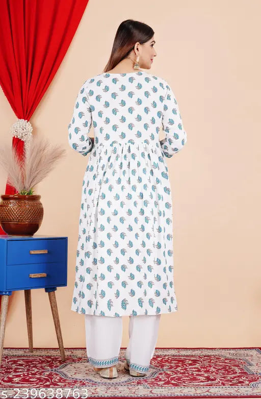 Rayon Nayra Cut Kurta Pant Set with Printed Net, 100% Rayon, Multicolor, S-36", M-38", L-40" - Elegant Traditional Indian Fashion for Casual & Party Wear