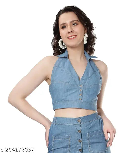 Denim halter neck crop top, sleeveless solid denim, India-made trendy women's clothing