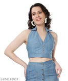 Denim halter neck crop top, sleeveless solid denim, India-made trendy women's clothing