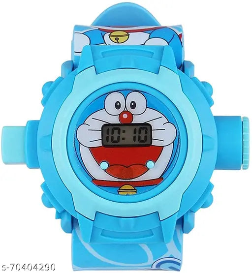 Blue digital watch with red dot, Doraemon character face, digital clock displaying time