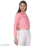 Denim women's jacket, solid pattern, three-quarter sleeves. Exclusive Indian-made denim jacket for women with regular collar, full sleeves, and closure button on front. Versatile style to match with various shirts/t-shirts or inners." (123 characters)