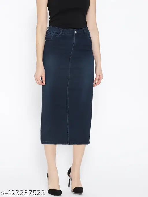 Purple feather-dyed cotton blend calf length denim pencil skirt for women, size 28, 30, 32, 34