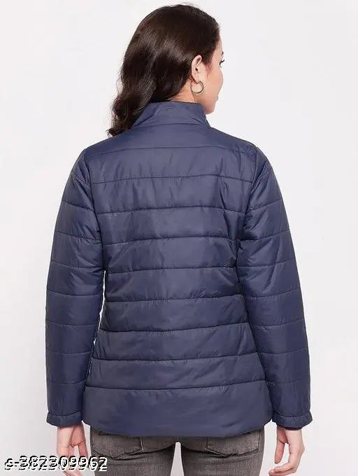 Polyester puffer jacket for women in full sleeves, stylish and versatile, available in black, white, maroon, navy, grey. Suitable winter wear with a trendy look." (124 characters)