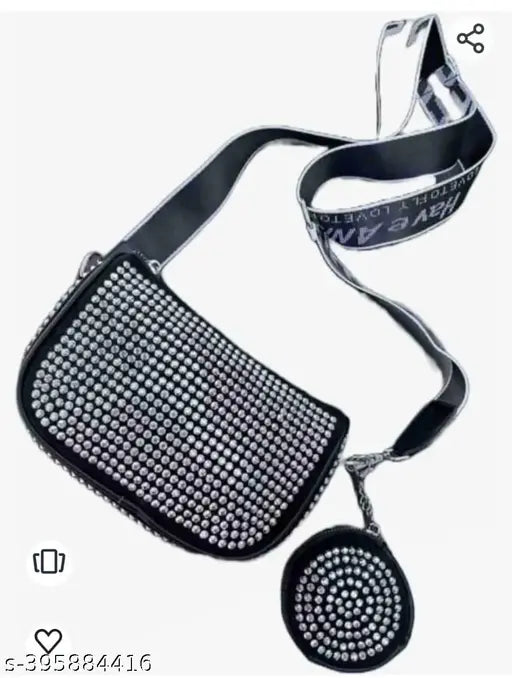 Black allover rhinestone decorated square bag with zip closure and attached coin purse
