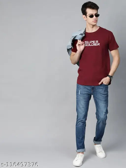 Maroon printed organic cotton men's t-shirt with Super Soldier design, short sleeves, round neck