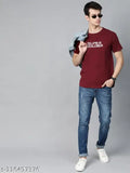 Maroon printed organic cotton men's t-shirt with Super Soldier design, short sleeves, round neck