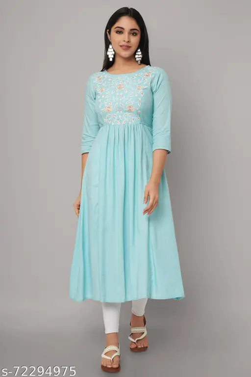 Rayon embroidered women's anarkali kurta, long partywear for festivals, XL (42in bust, 48in length)