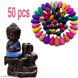 Blue Buddha poly resin backflow incense burner red, includes 50 free scented cones
