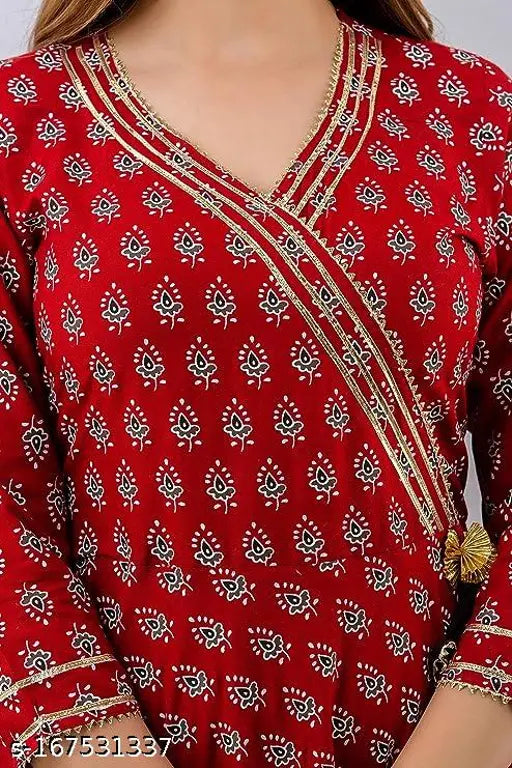 Red rayon Anarkali kurti with raindrop print, three-quarter sleeves - women's fashion from India