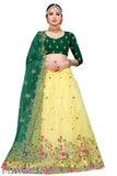 Embroidered dupion silk and net lehenga set with choli and matching dupatta, semi-stitched for sizes 42m/42in, origin India