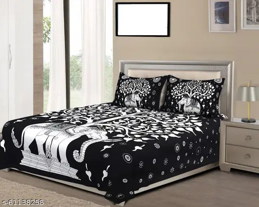Sanganeri print cotton double bedsheet & 2 pillow covers, fine botanical design in summer hues, ideal for adult use from Navkar creation, India