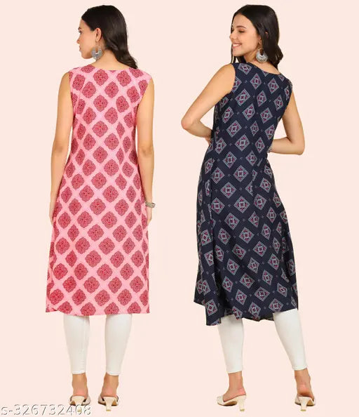 Crepe round kurti combo pack (2 pcs) - sleeveless checked crepe American anarkali style kurtas for women's traditional, casual, party, evening, or formal wear