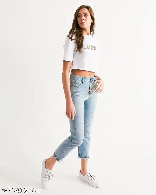 White Lycra short-sleeve women's printed t-shirt by GreciiLooks, perfect for casual wear with jeans or trousers. Made in India