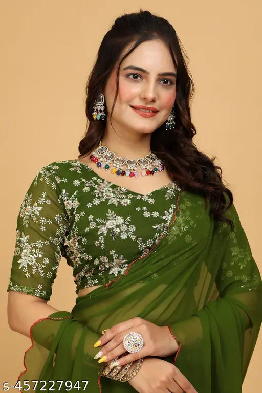 Georgette saree with embroidered blouse, solid georgette fabric, free size, Indian origin