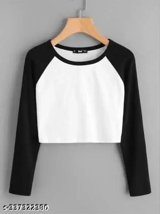 Colorblocked cotton full sleeve crop top for women and girls, stylish design for daily casual wear (Pack of 1), XS to XXL sizes available