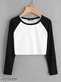 Colorblocked cotton full sleeve crop top for women and girls, stylish design for daily casual wear (Pack of 1), XS to XXL sizes available