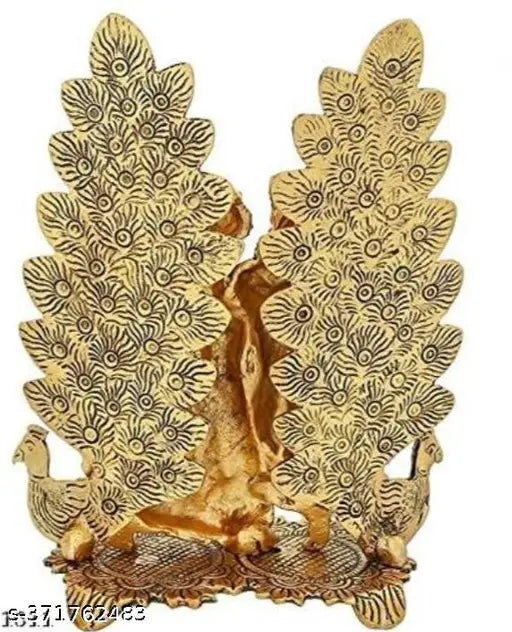 Handcrafted gold-plated Radha Krishna idol statue with diya peacock design, traditional Indian decorative showpiece (10cm x 10cm x 10cm)