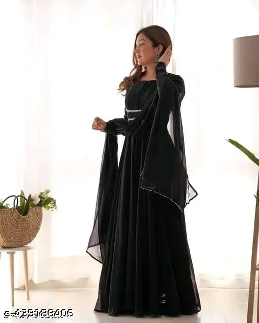 Black lace Georgette kurti with three-quarter sleeves, solid design. Single size options available online for S to XXL. Indian fashion clothing accessory