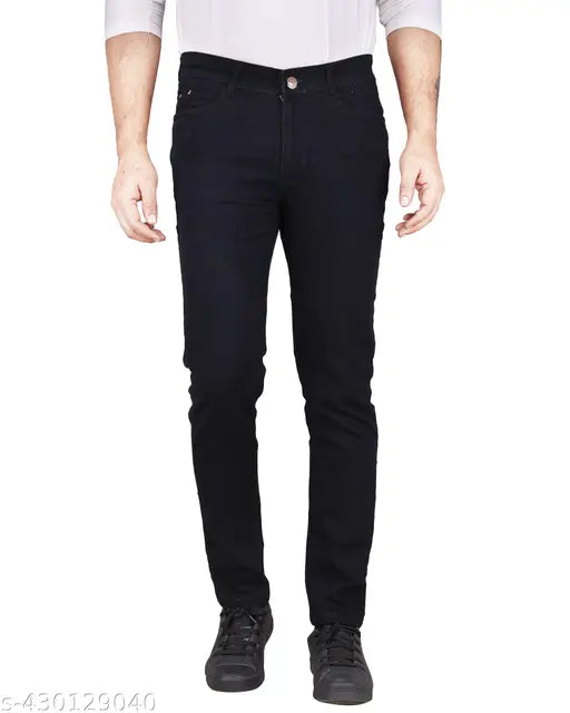 Mens stylish denim jeans Black, solid pattern, size 30 (waist 30", length 41", hip 38"). Indian-made mens comfortable jeans on display