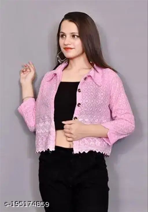 Pink embroidered Chikankari cotton shirt jacket, three-quarter sleeves, breathable, versatile women's fashion, India origin