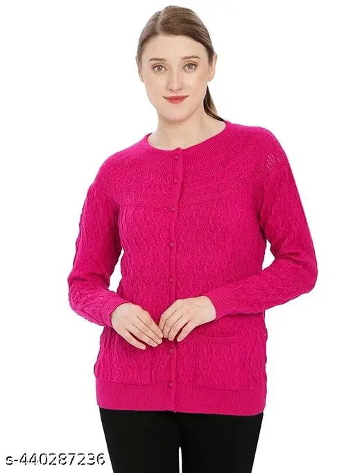 Soft wool women's round neck buttoned cardigan with front pockets, solid color, long sleeves, stretchable fabric, India origin