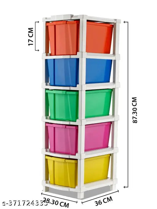 A stack of five multicolored plastic storage bins